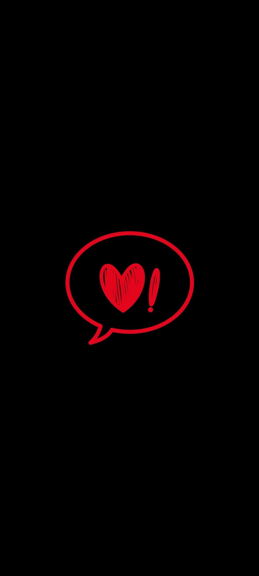 Red heart with an exclamation point inside a hand-drawn speech bubble icon centered on a solid black background.