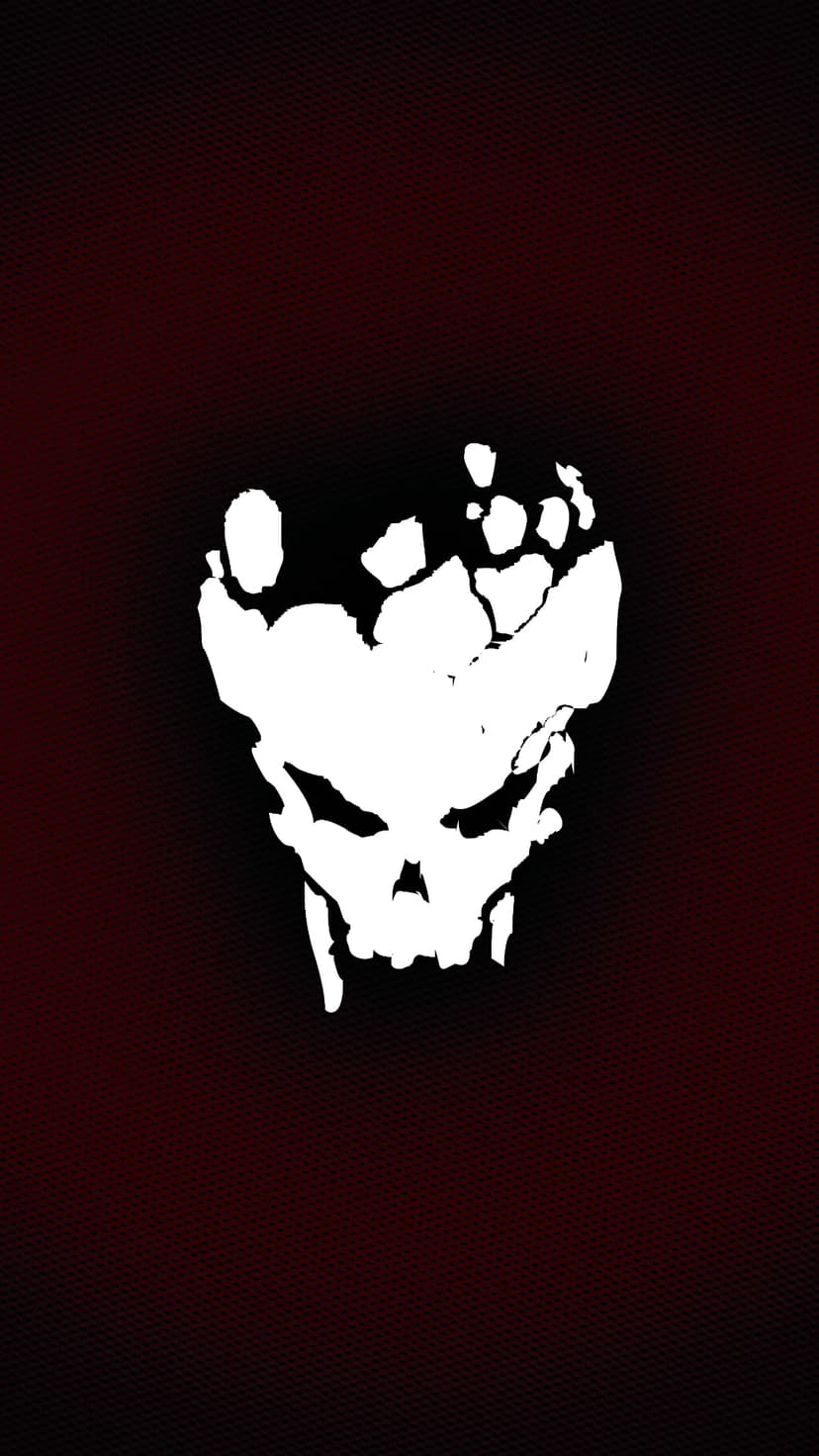 Cracked white skull emblem centered on a dark red textured surface with high contrast and minimalist lighting.