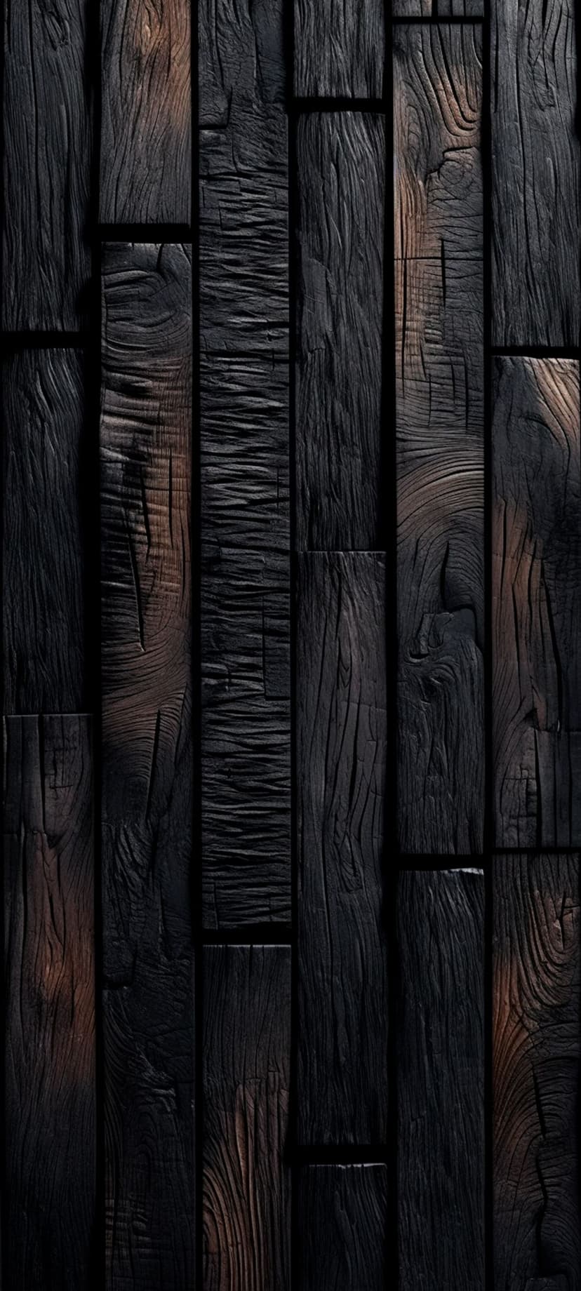 Dark charred wood planks with deep vertical grain and distressed carbonized surfaces in a high-contrast texture.