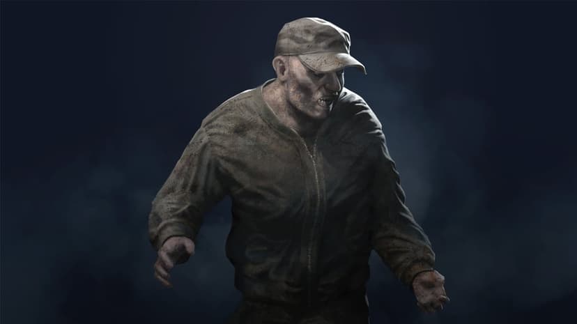 Grimy man in a camo hat and dirty jacket baring teeth against a dark smoky background with moody lighting.