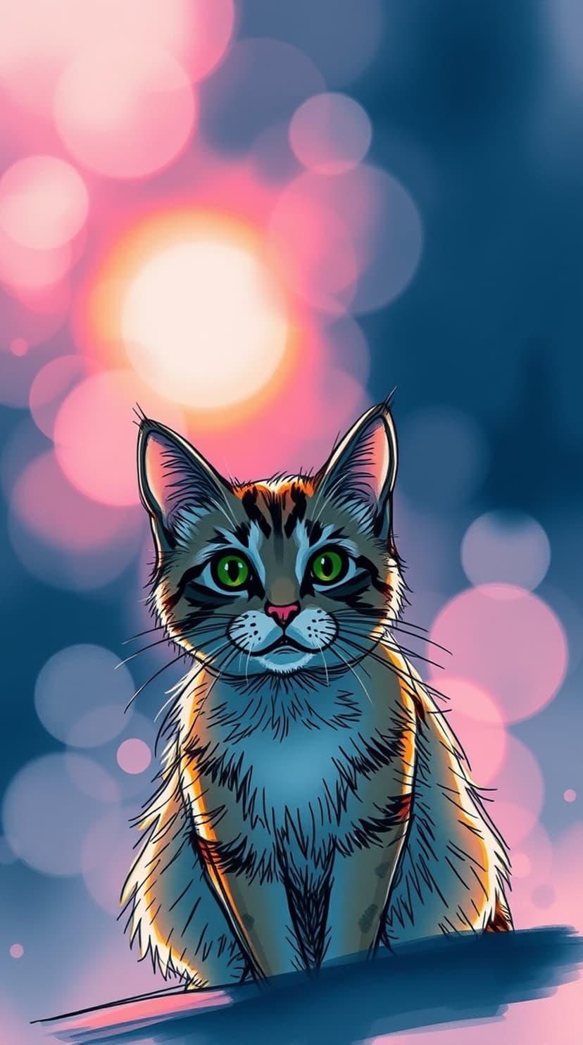 Tabby cat with bright green eyes and fine whiskers posed against a soft pink and blue glowing light background.