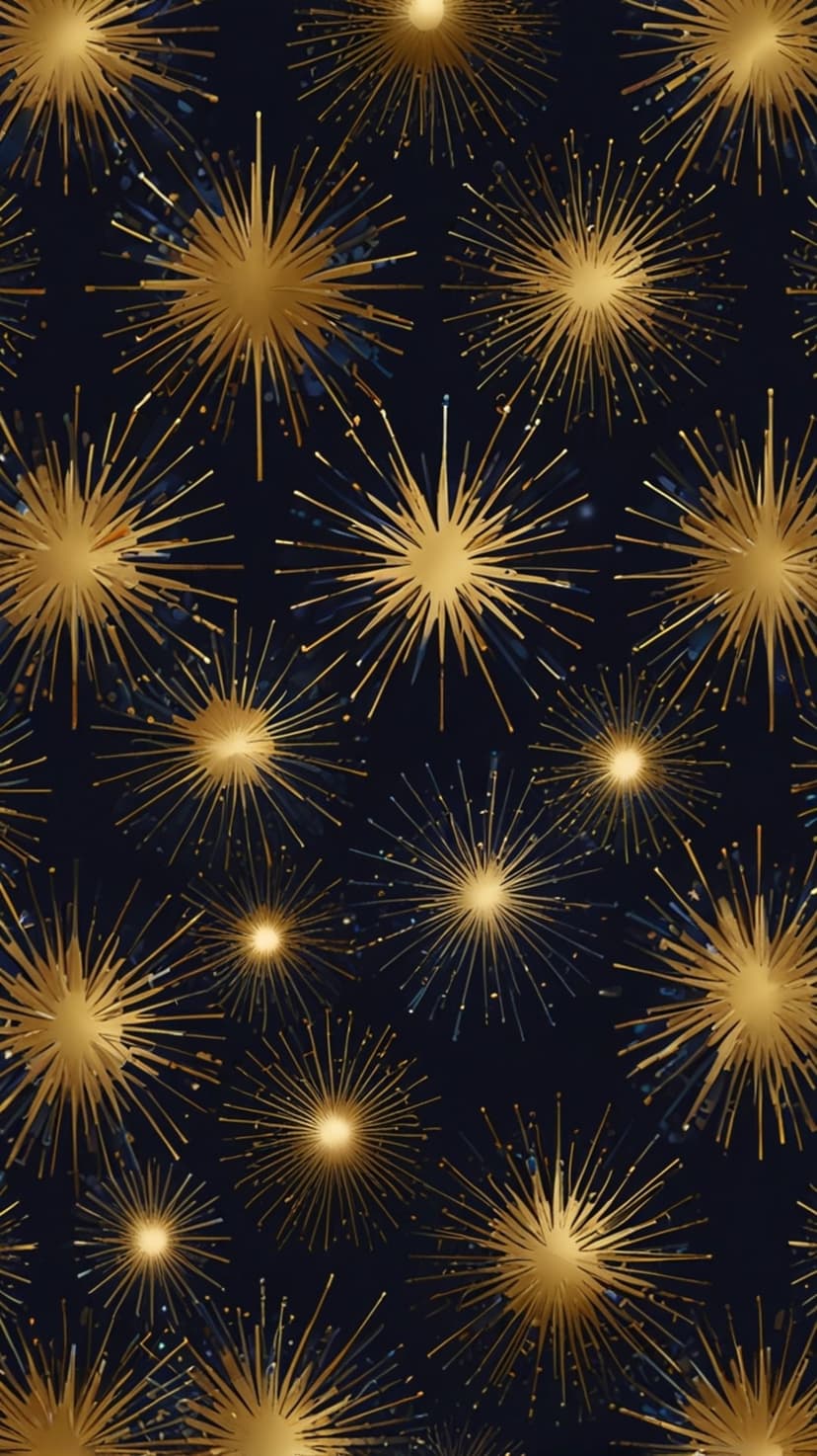 Golden radial starbursts and glowing flecks scattered across a dark midnight blue textured background.