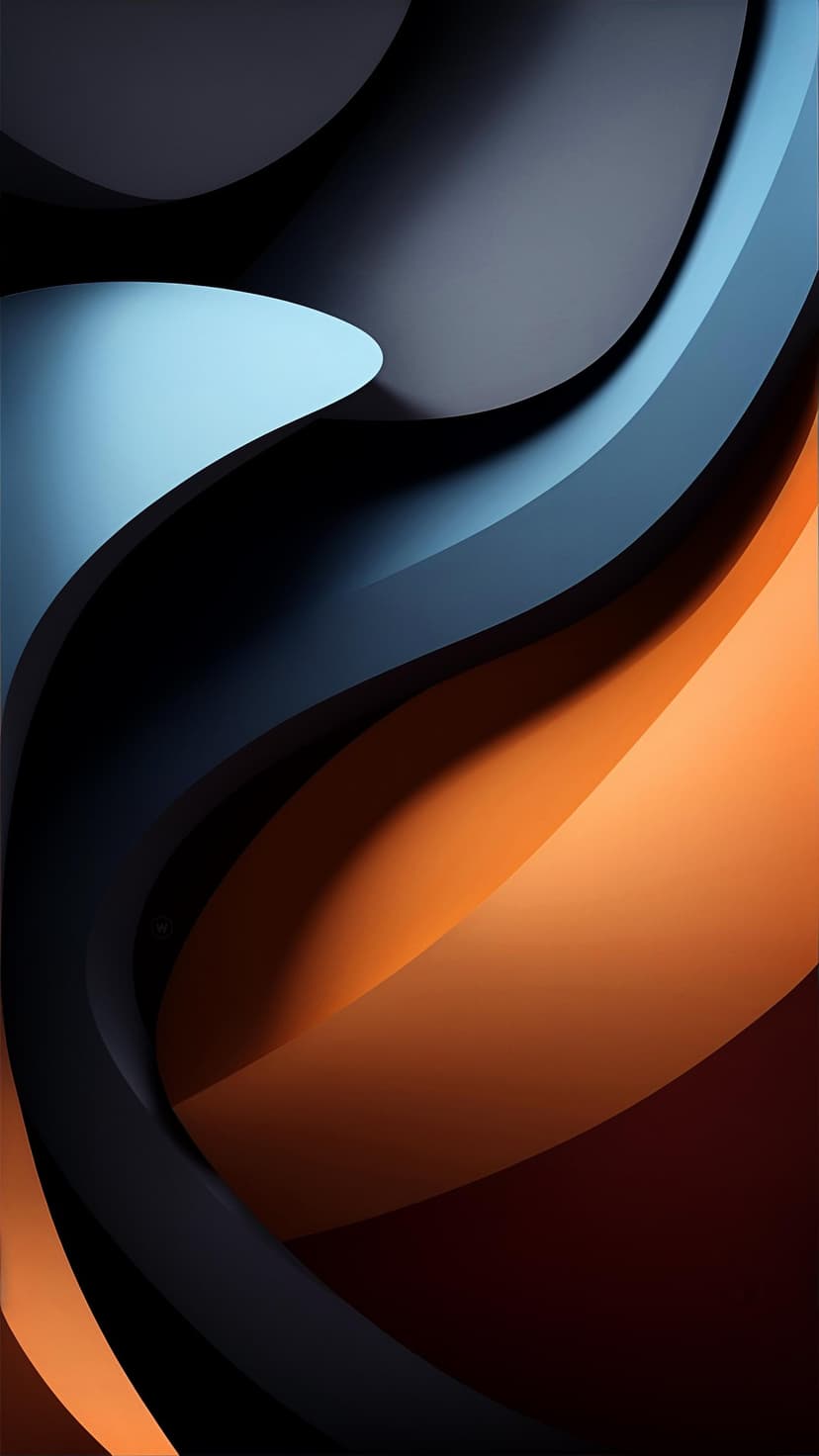 Curving waves of cobalt blue and bright orange liquid swirl against a dark background with soft lighting effects.