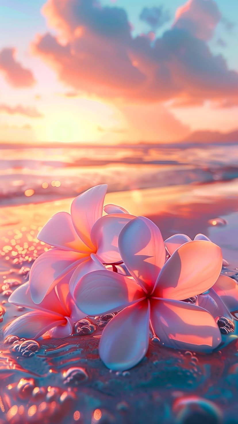 Pink frangipani flowers rest on wet beach sand as sunset light reflects off gentle ocean waves in the distance.