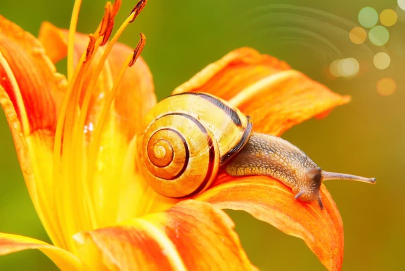 Snail with a spiral shell rests on the bright orange petals of a lily flower with a soft blurred background.