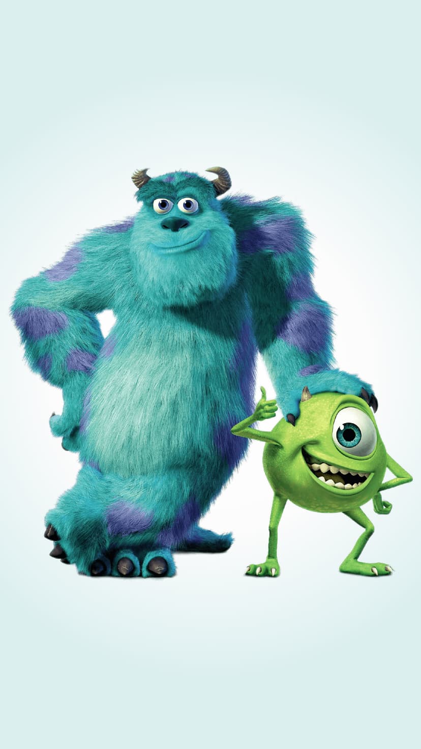 Sulley, a large blue furry monster with purple spots, stands next to Mike, a small green one-eyed creature.