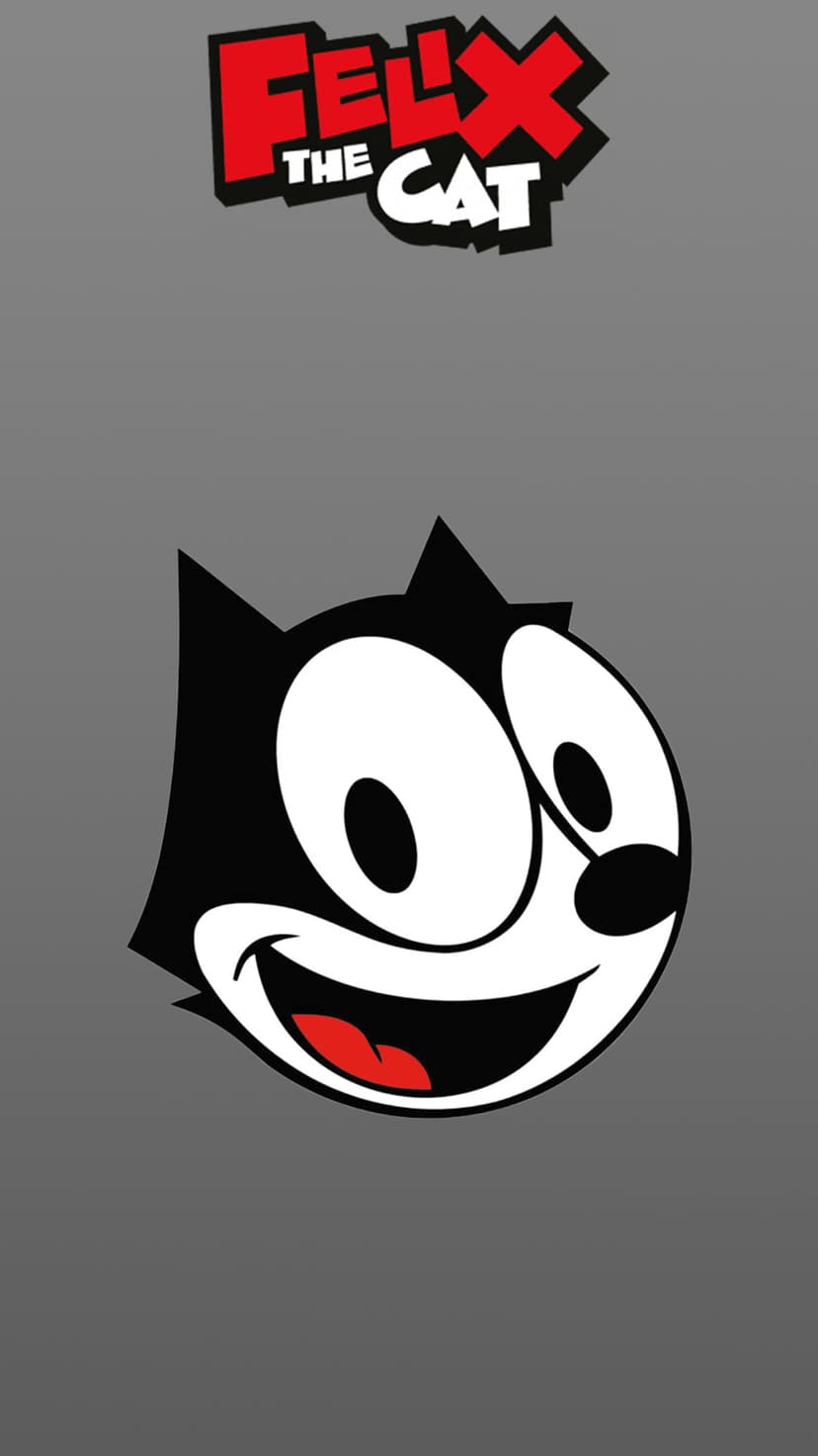 Felix the Cat displays a wide white grin and large eyes beneath a red logo on a solid flat gray background.