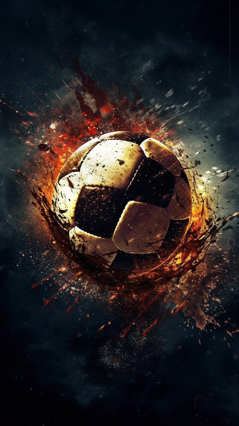 Soccer ball engulfed in orange flames and flying sparks against a dark smoky background with glowing embers.