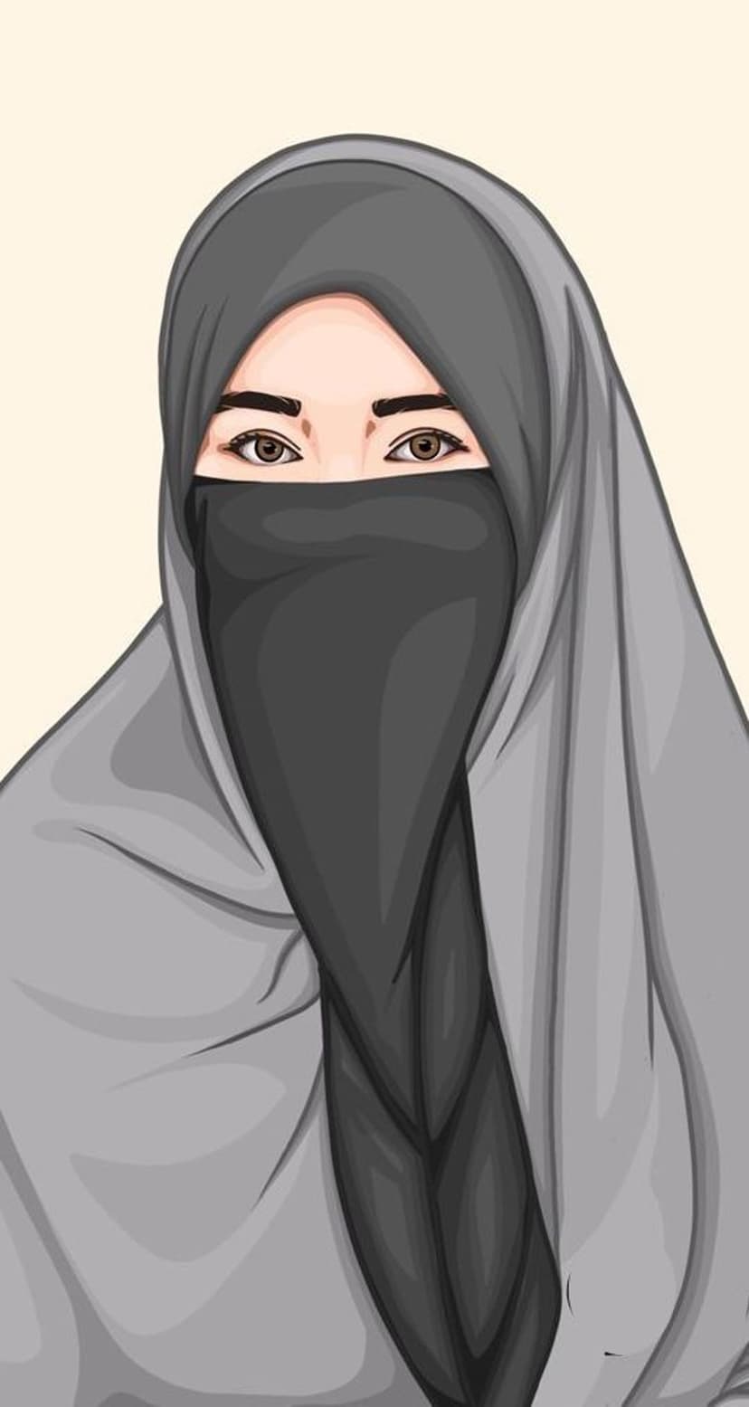 Muslim woman with brown eyes wearing a black niqab and grey hijab against a neutral sand-colored background.