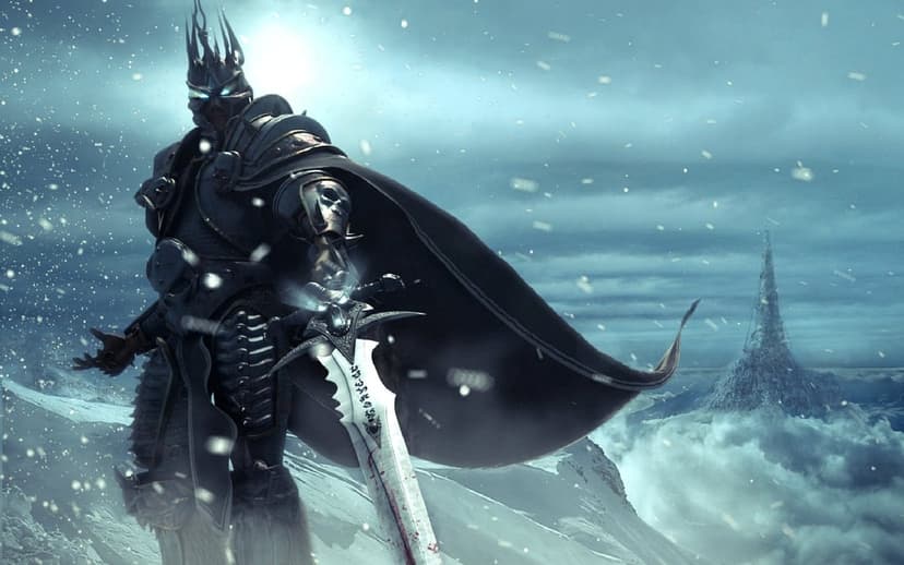 The Lich King holding a glowing runic sword in a snowy mountain landscape with a distant frozen spire.