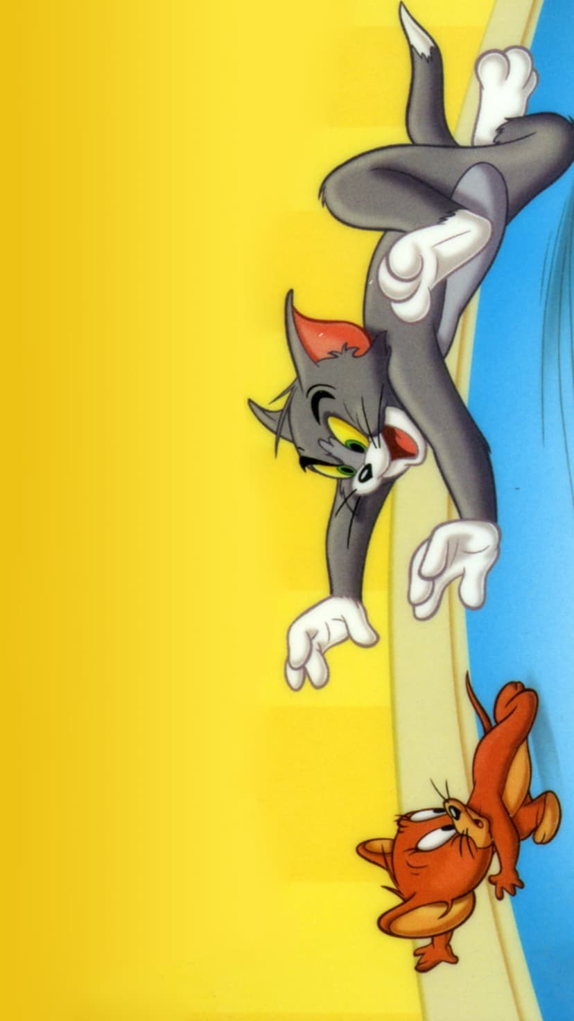 Tom the cat falling with an astonished expression while Jerry the mouse runs on a bright yellow and blue background