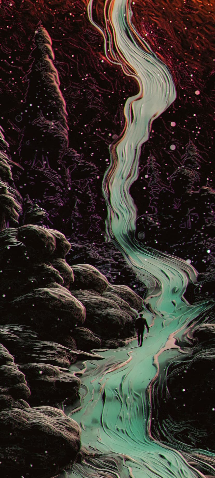 A lone explorer walks beside a glowing teal river winding through silhouetted pink trees under a starry night sky.