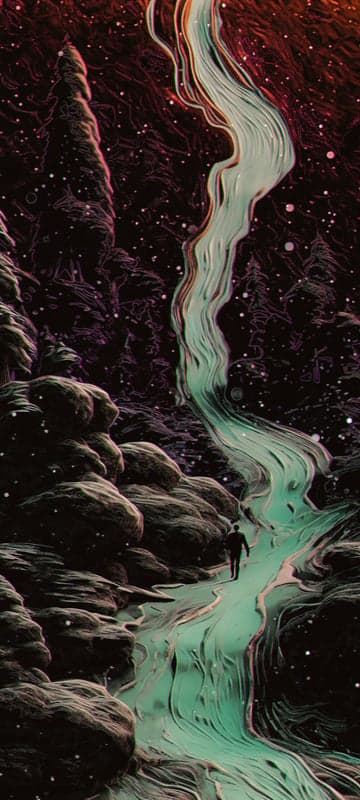 Surreal Cosmic River Journey Through Alien Forest