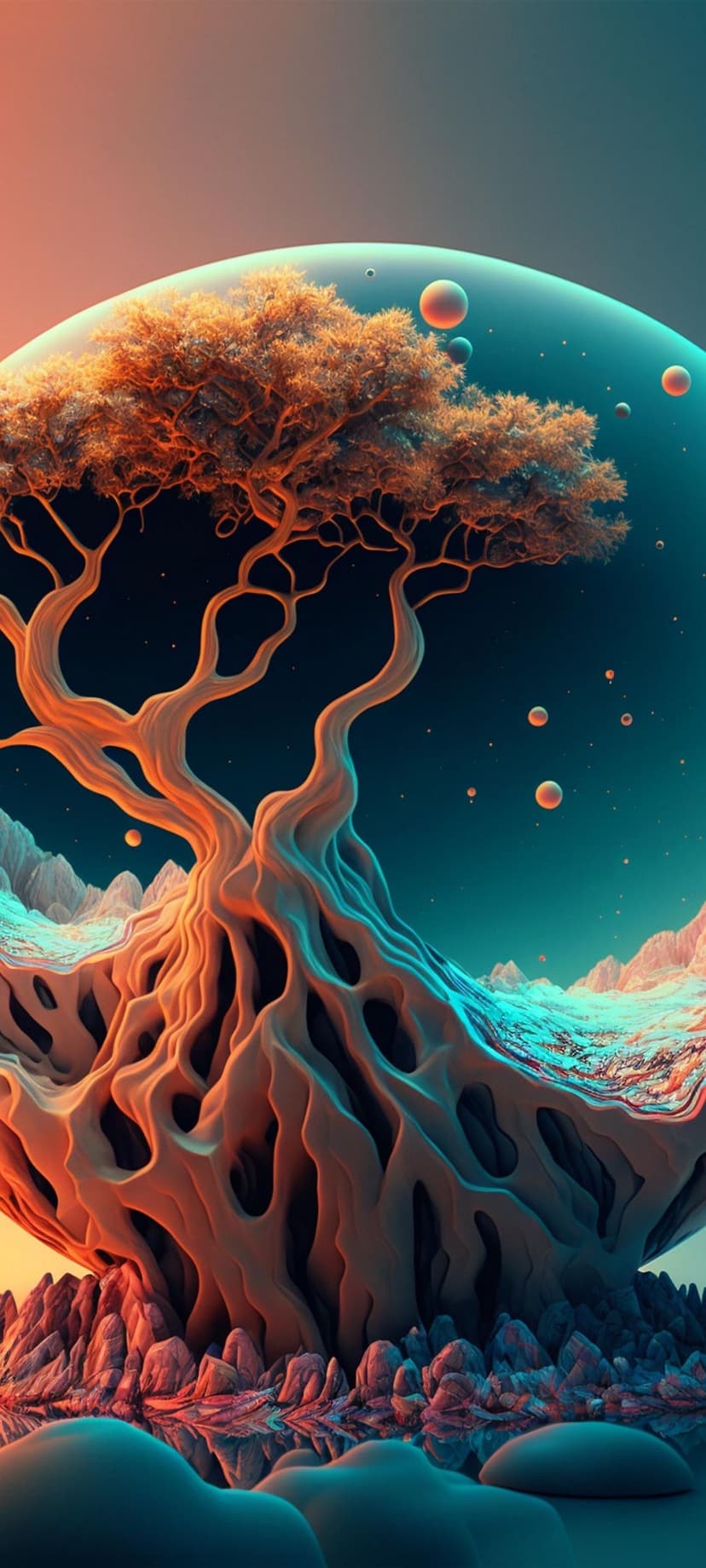 Luminous tree with glowing roots stands on a reflective surface under a star-filled sky with floating orbs.