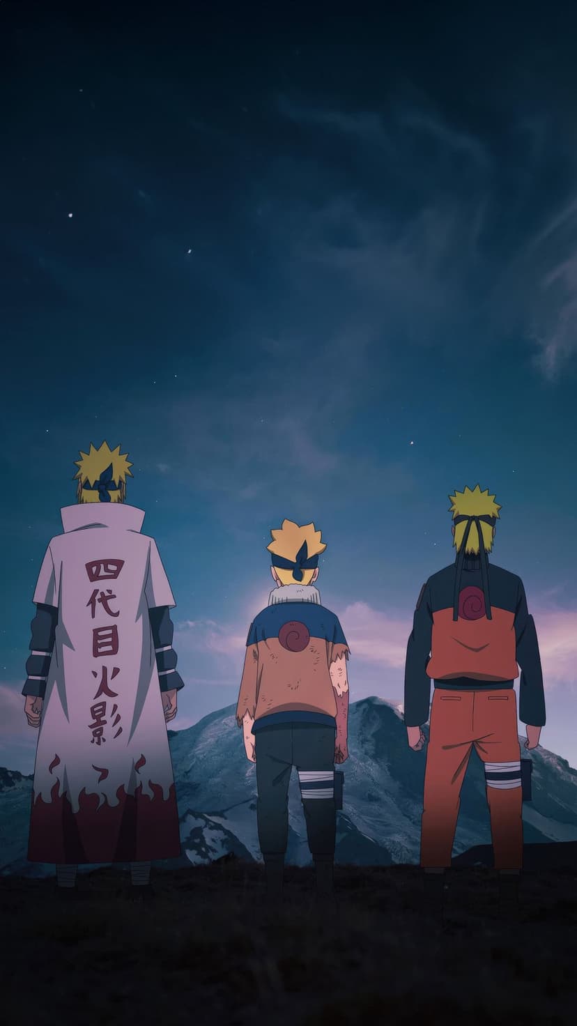 Naruto Uzumaki and Minato Namikaze silhouettes look at a starry night sky above a dark mountain range.