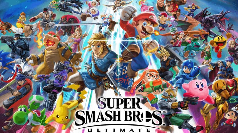 Link, Mario, and Pikachu lead a dense collage of video game characters in a dynamic action scene.