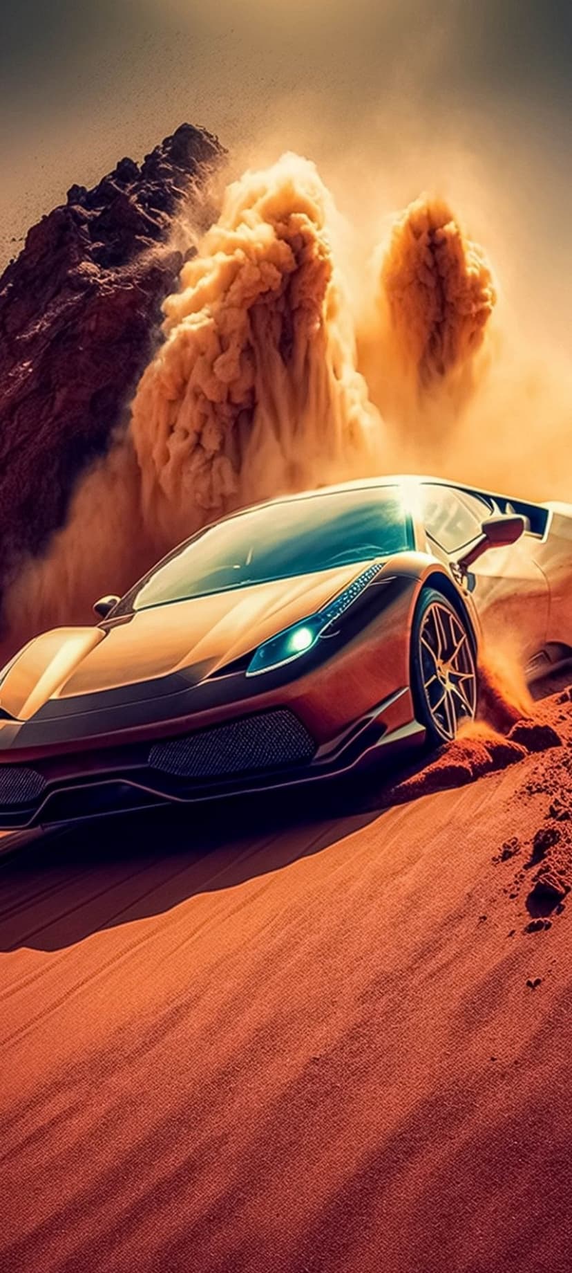 Golden supercar sliding through a thick orange sandstorm with dust clouds billowing around its spinning tires.