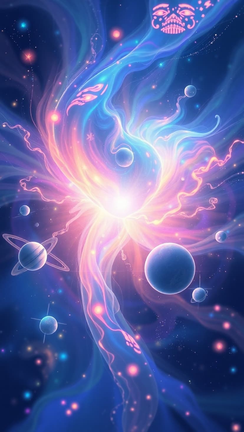 Swirling blue and pink nebula clouds featuring occult eyes and a skull mask among drifting planets in deep space.