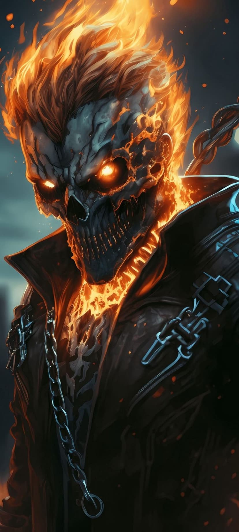 Ghost Rider with a flaming skeletal head wearing a studded leather jacket and chains in a dark environment.