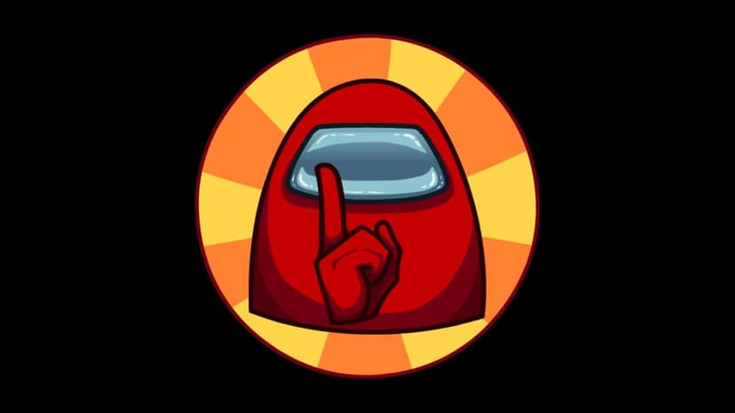 Red Among Us character holding a finger to its visor in a shushing gesture against a yellow sunburst circle.
