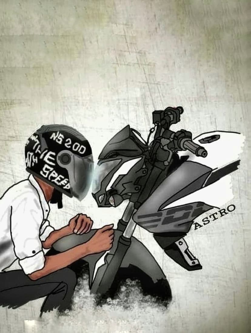 Biker in a white shirt and speed helmet crouches by a motorcycle front fork against a textured backdrop.