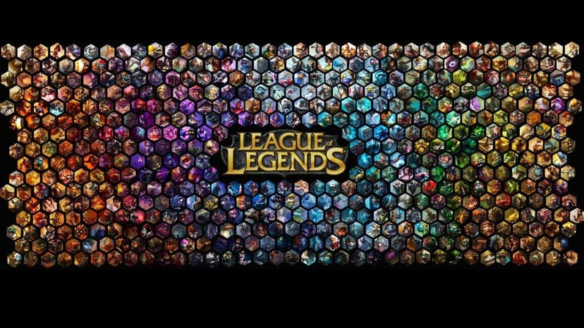 Hexagonal grid of League of Legends champion portraits surrounding a central gold logo on a black background.