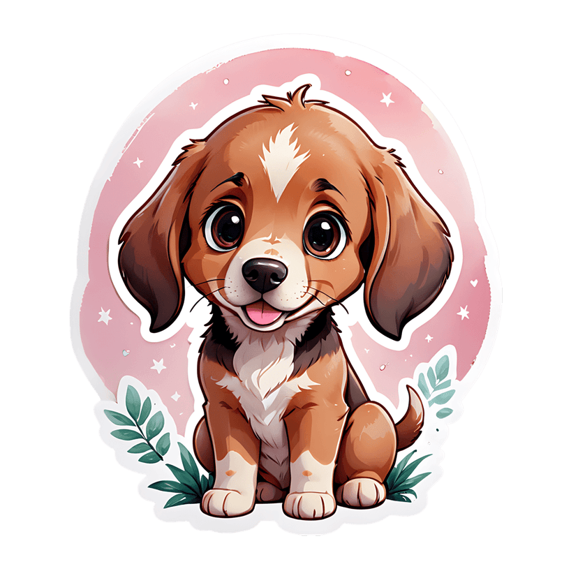 Beagle puppy sticker illustration featuring a brown and white seated dog on a pink circle with green leaves.