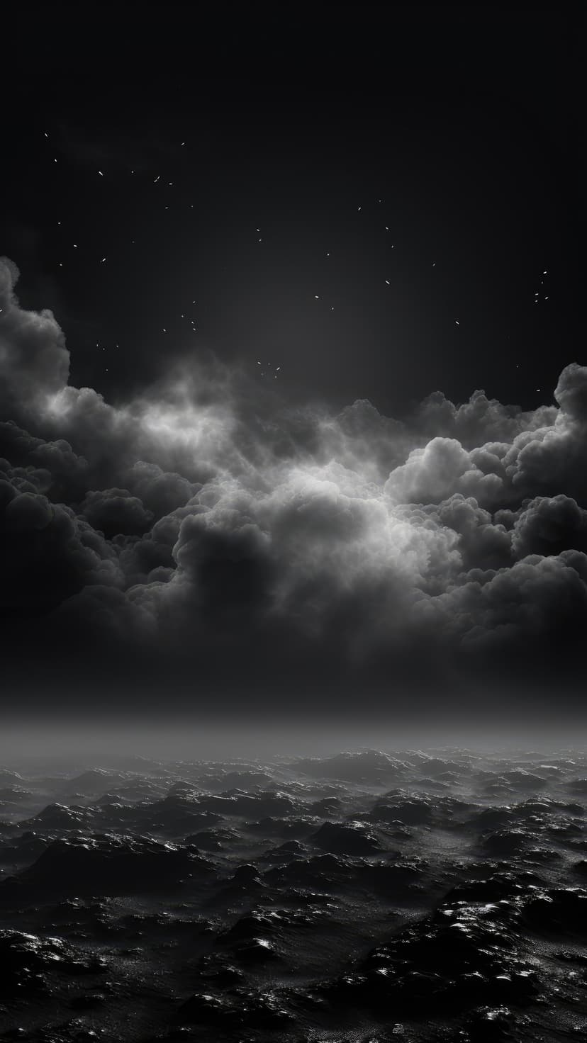 Volumetric dark clouds swirl above a rugged, rocky landscape under a star-filled monochromatic night sky.