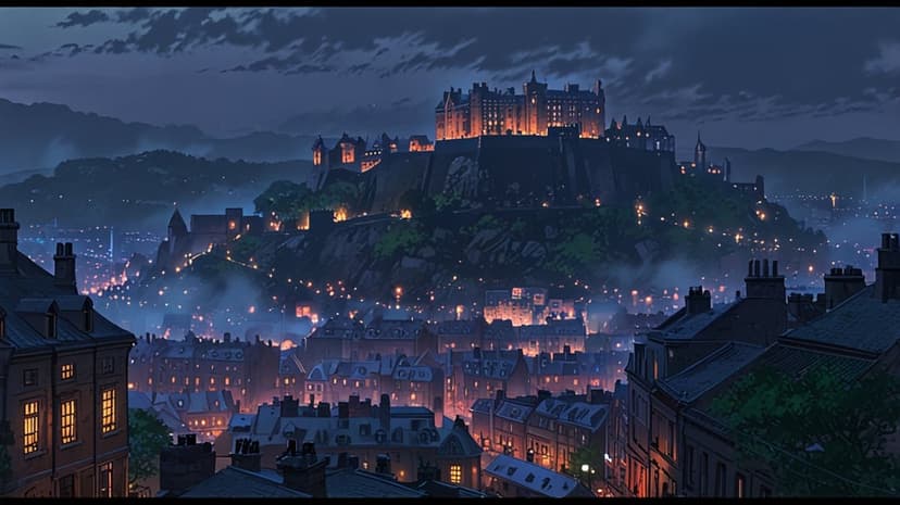 Grand stone castle sits atop a foggy hill above a glowing medieval village under a dark twilight sky.