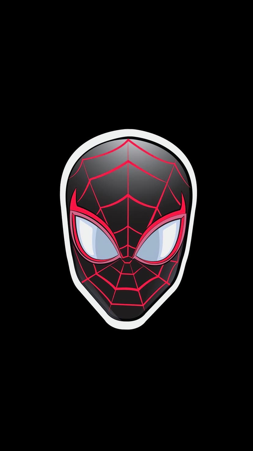 Miles Morales Spider-Man mask with red glowing eye outlines and white web patterns on a solid black background.