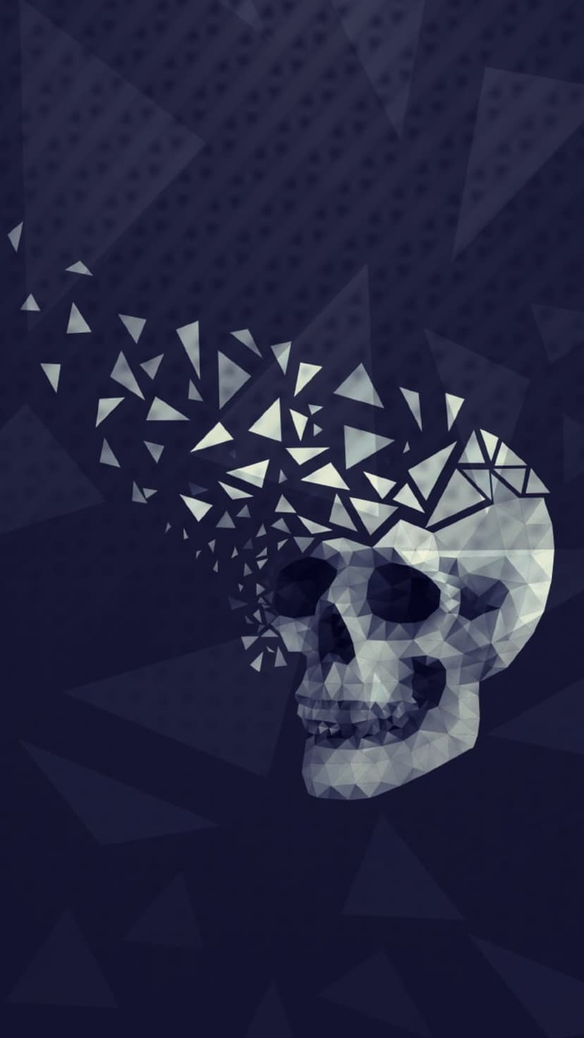 Fragmented skull composed of white triangular shards against a dark, angular and geometric background.