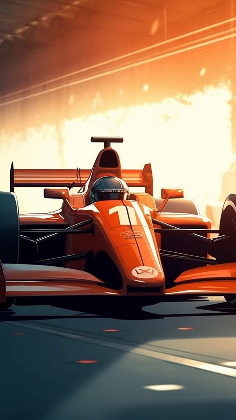 Orange Formula 1 car with number 11 on the nose and a driver in the cockpit against a blurred sunset background.
