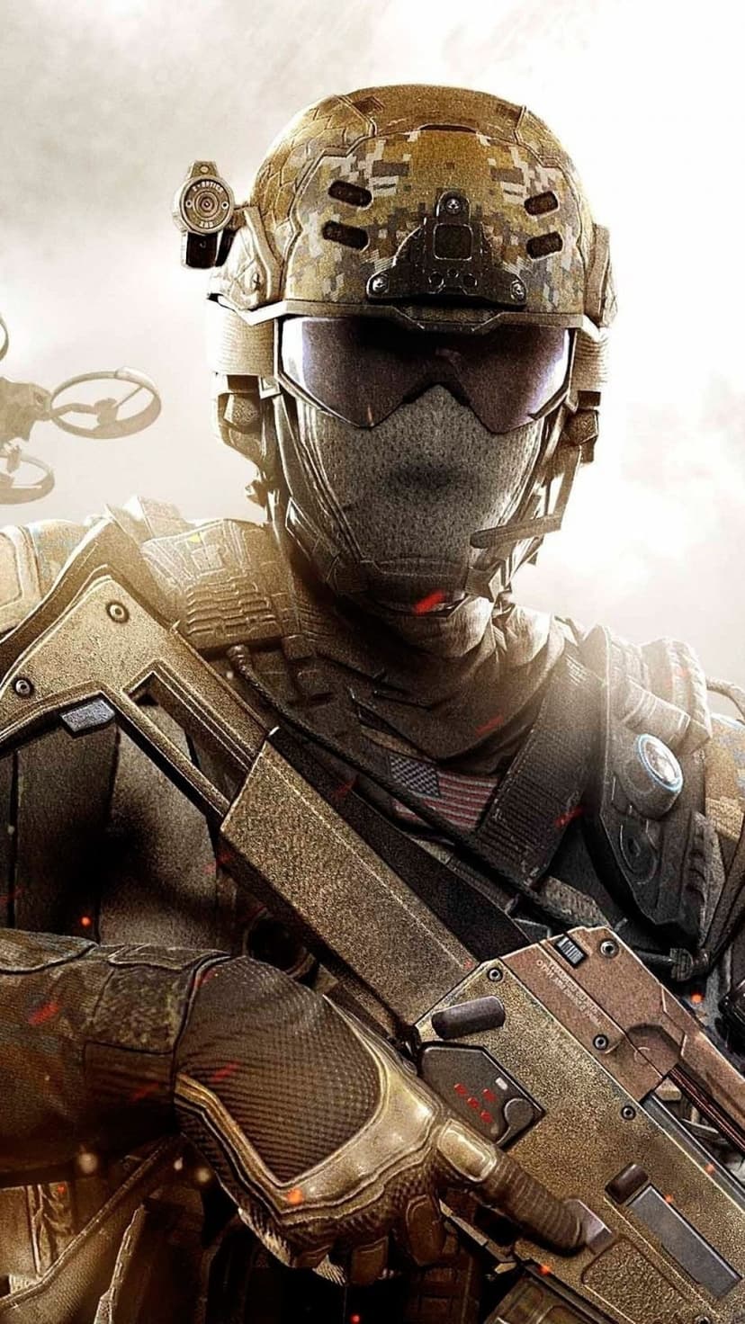 Tactical soldier wearing a camouflage helmet and digital visor holds a sleek rifle near a hovering drone.