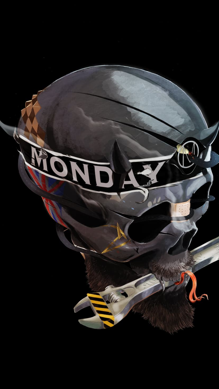 Metallic skull with a Monday banner, Union Jack helmet, and a yellow wrench gripped in its mouth against black.