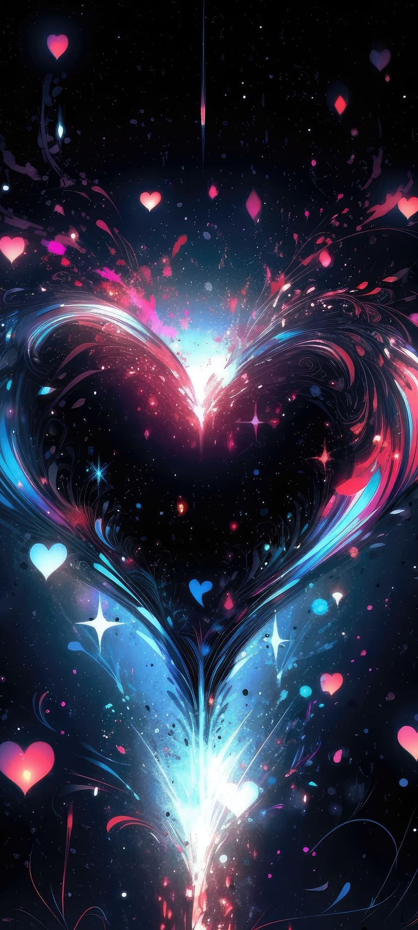 Heart-shaped nebula exploding with pink and blue gas, stardust, and white glowing particles in deep space.