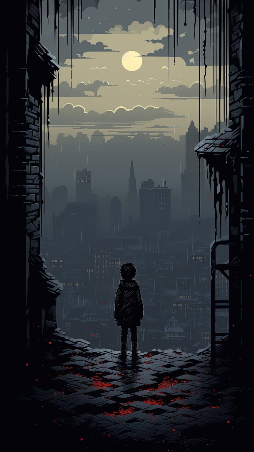 Small child on wet cobblestones gazes at a hazy city skyline under a massive glowing full moon in the dark night.