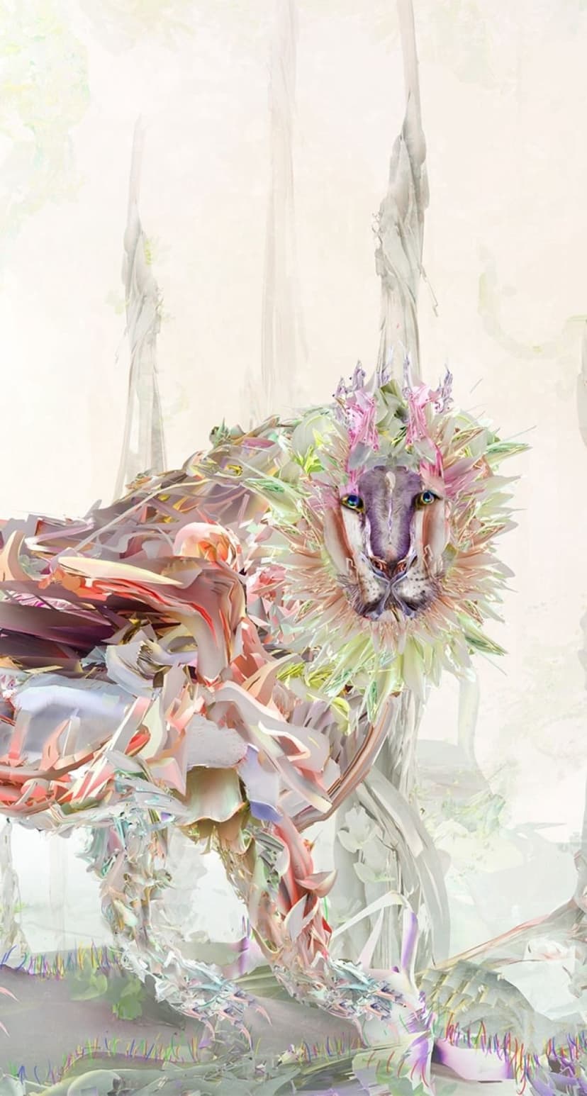 Lion head with a colorful mane of melting flowers and blue eyes against a blurred forest background.