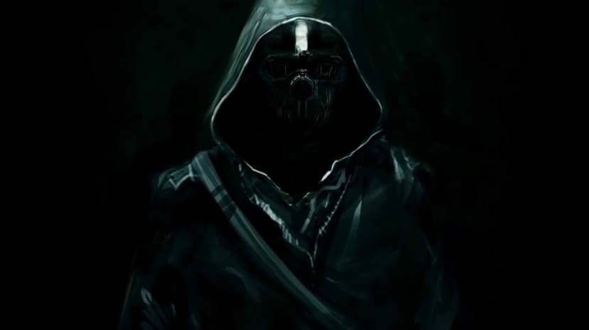 Hooded figure wearing a metallic skull mask with glowing white details against a dark, moody background.