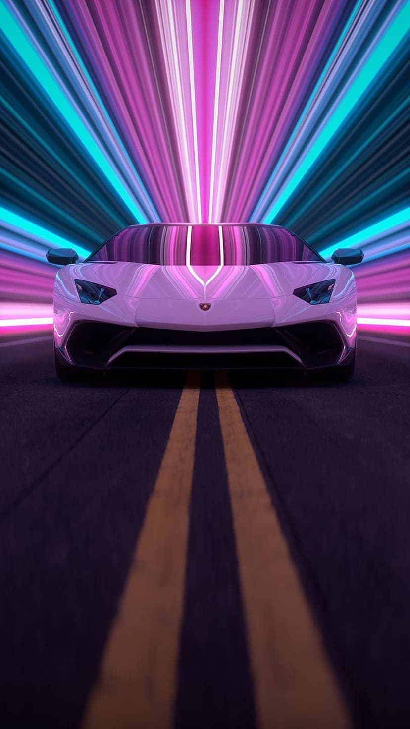 White Lamborghini Aventador speeding through a dark tunnel with glowing pink and blue neon light streaks.