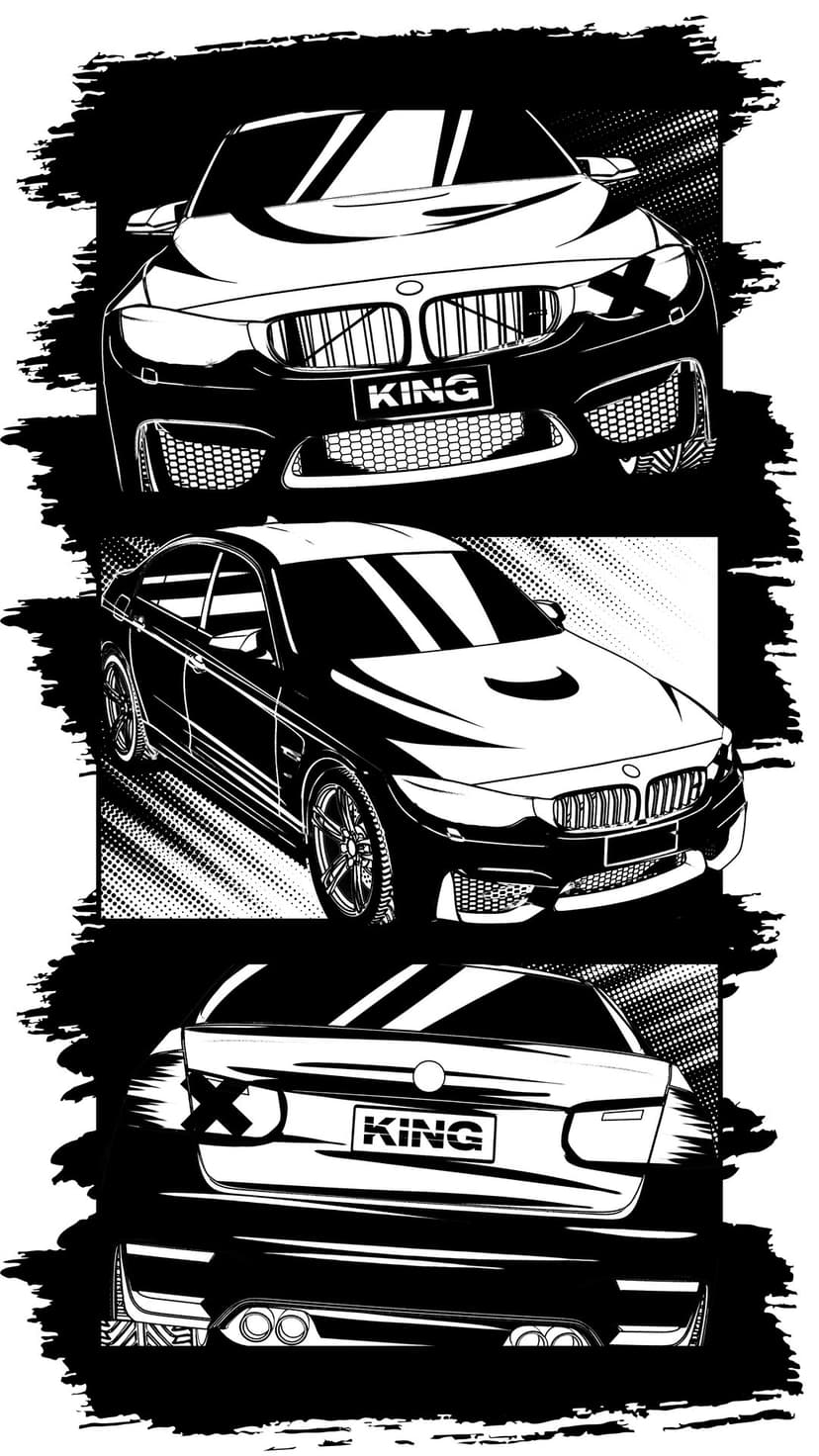 BMW M4 sports car shown from front, side, and rear angles in a black and white vertical graphic layout.