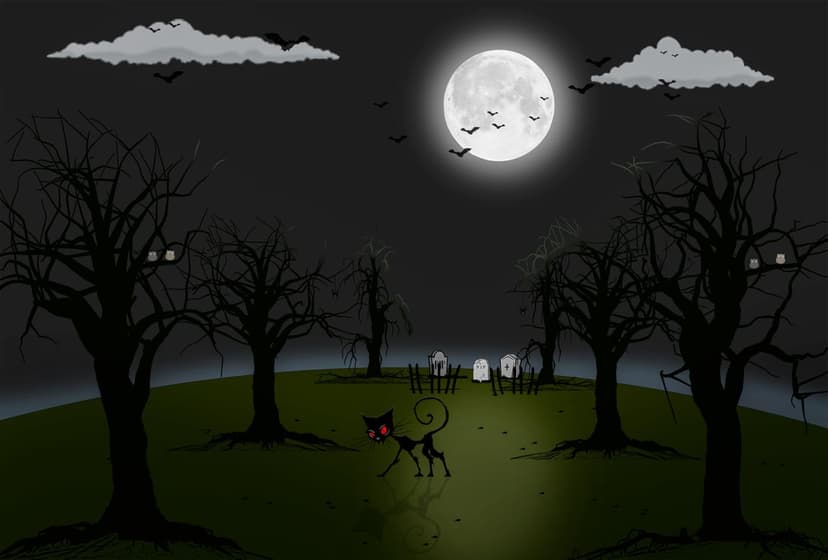 Black cat with glowing red eyes prowls through a moonlit graveyard with bats flying near a large full moon.
