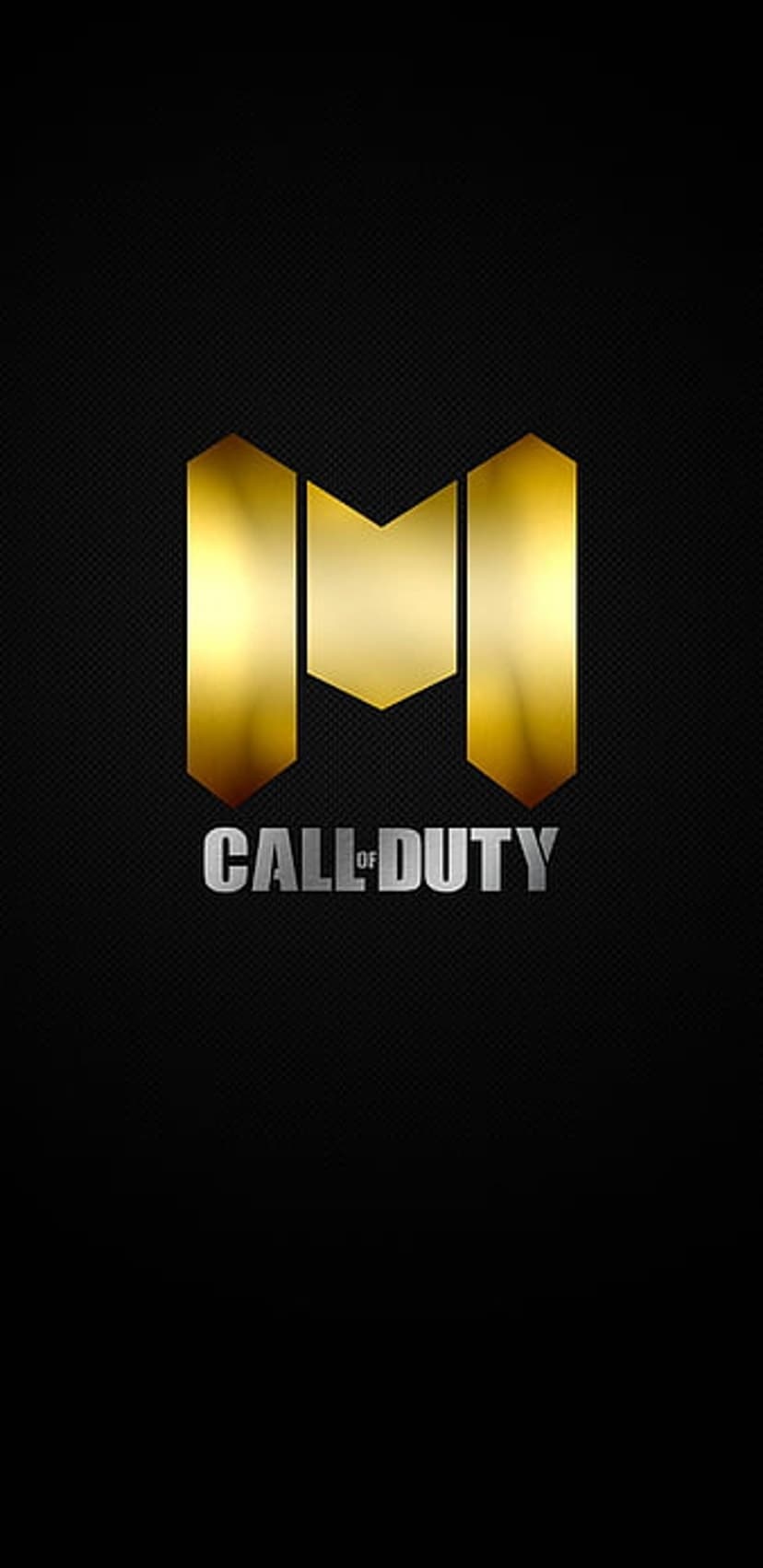 Golden metallic M logo sits above silver Call of Duty text on a dark textured background for mobile screens.