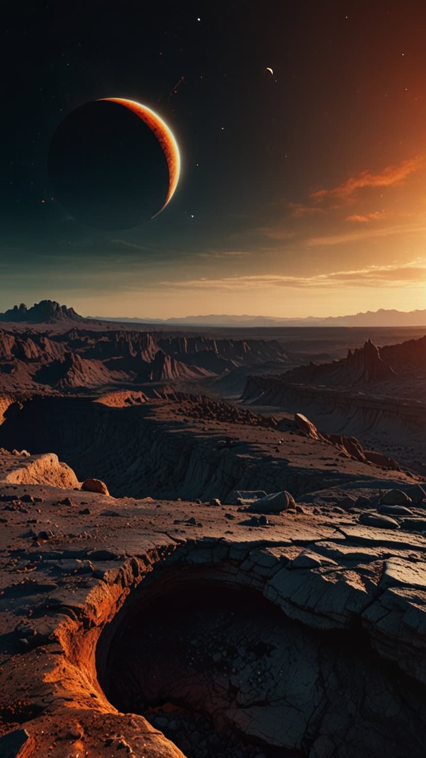 Massive crescent moon looms over rugged alien canyons and rocky plains under a starry extraterrestrial sky.