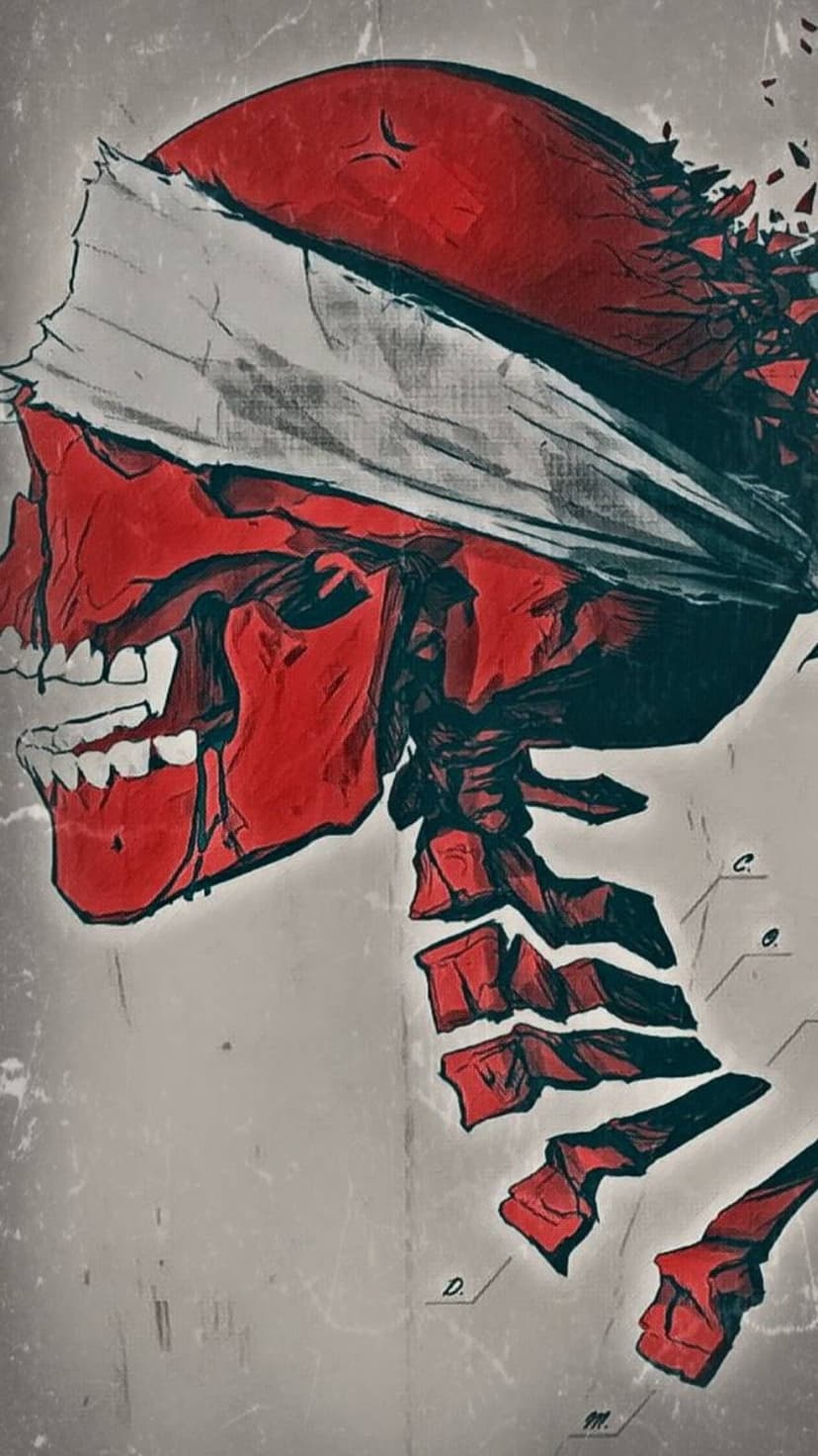 Red skull with a tattered white blindfold and a shattering cranium showing detailed bone fragments and spine.