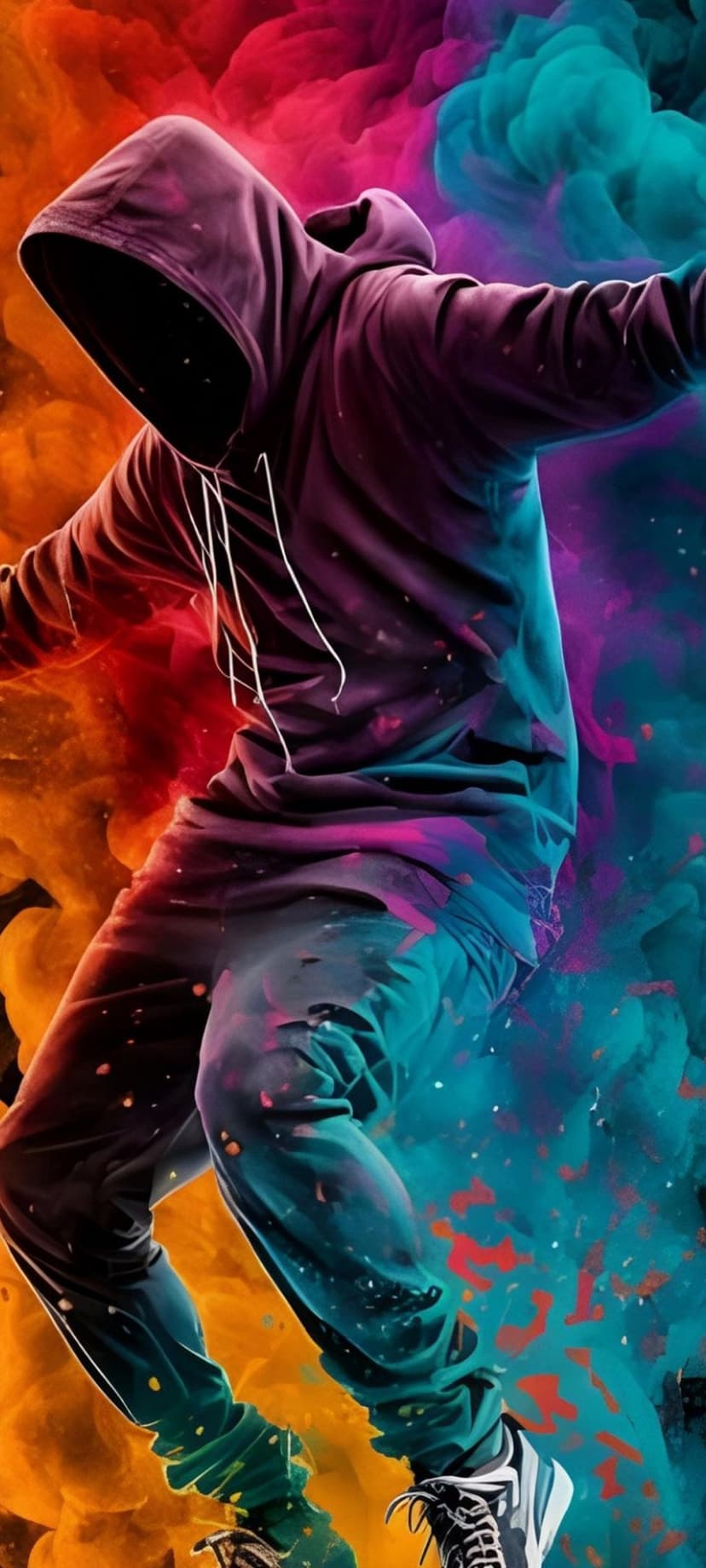 A person in a hoodie dances amidst thick swirling plumes of vibrant red, orange, pink, and teal smoke.