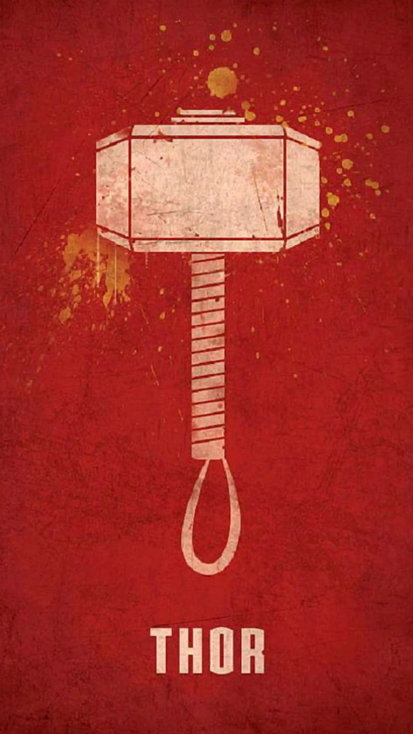 Mjolnir hammer silhouette in white with a braided handle on a red textured background with yellow paint splatters.