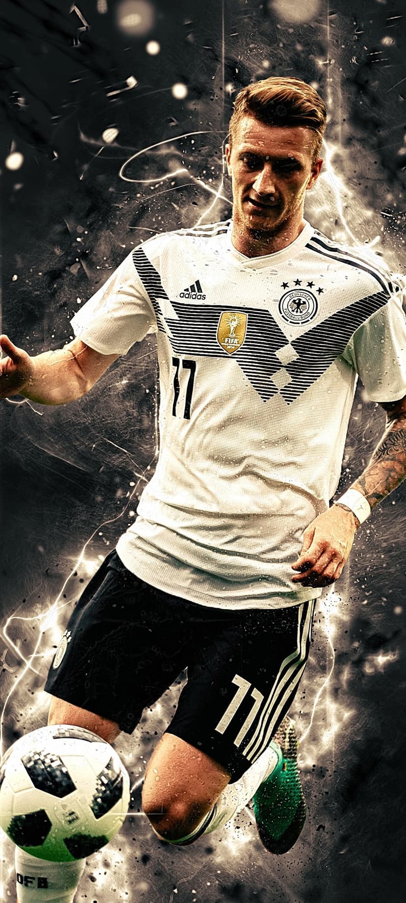 Marco Reus in a white Germany jersey controls a soccer ball amidst cinematic yellow light streaks and dark blur.