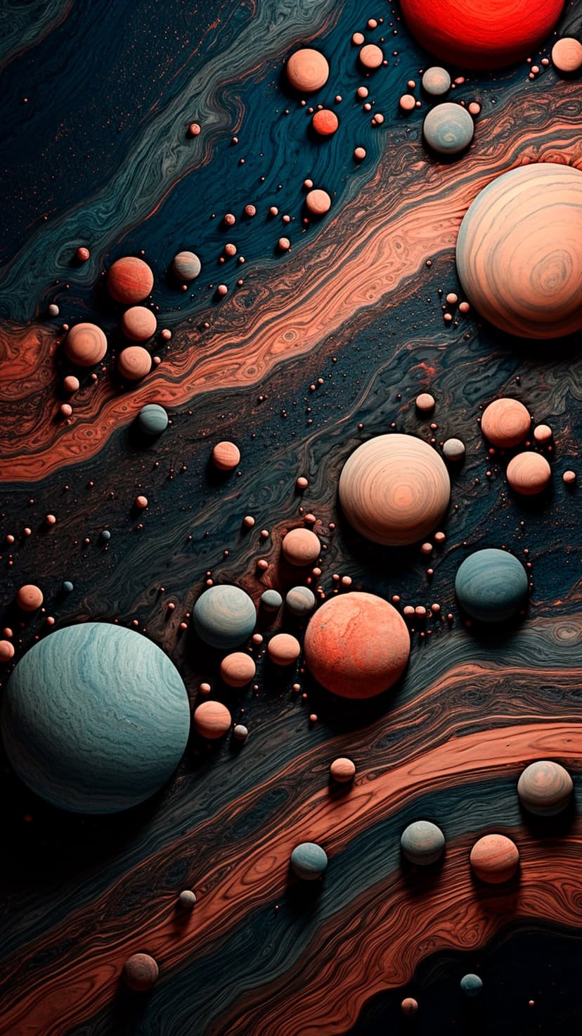 Colorful spherical planets drift across a swirling blue and orange nebula with a fluid, marbled texture.