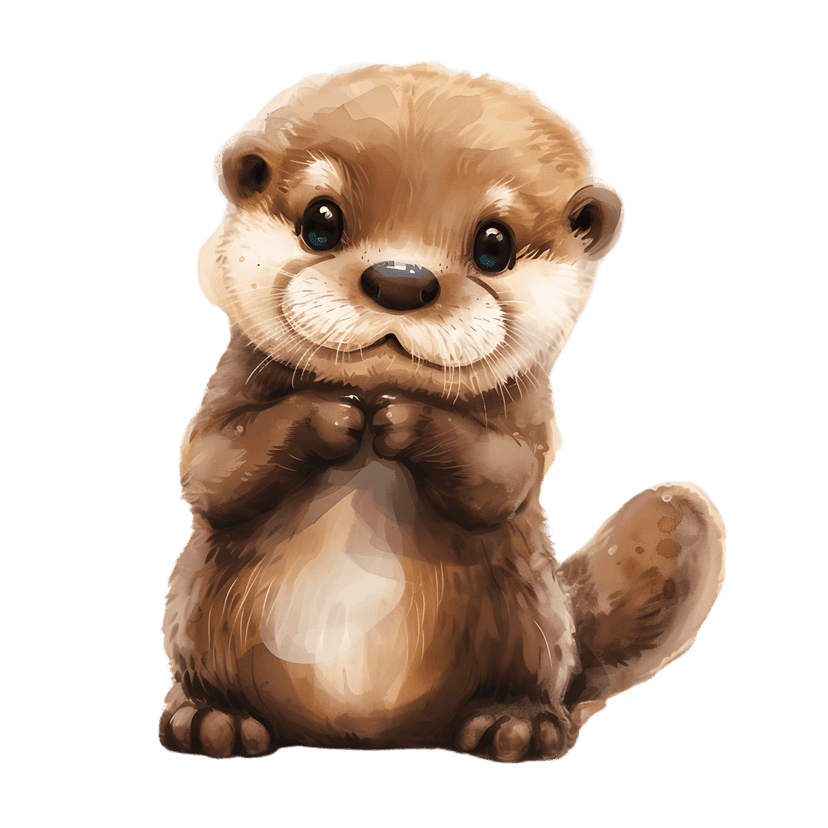 Watercolor otter illustration sitting upright with paws clasped and blue eyes against solid black background.