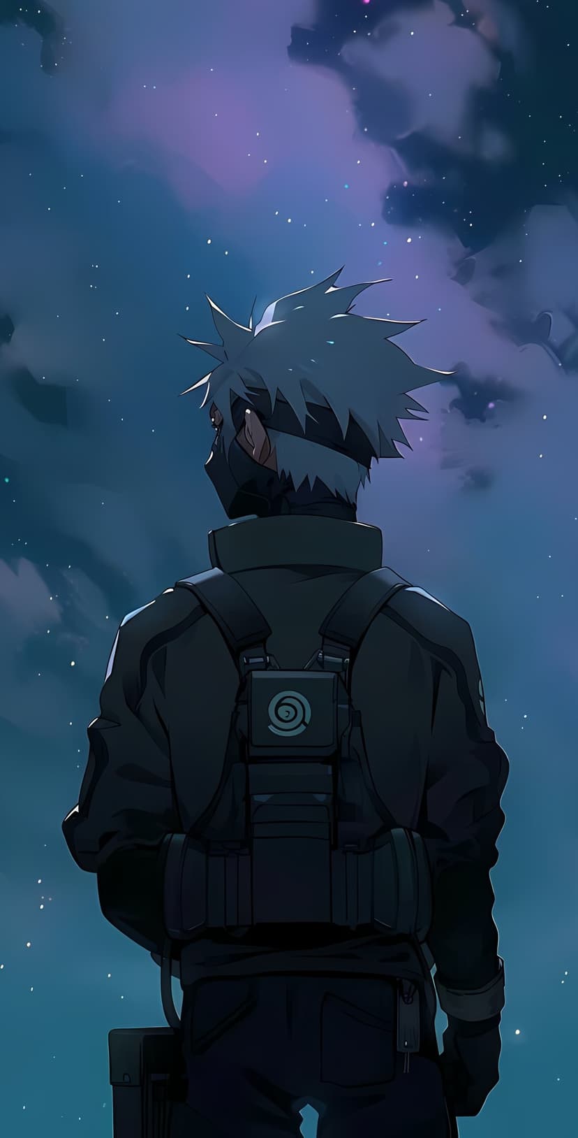 Kakashi Hatake wearing a tactical vest looks at a purple starry sky with swirling clouds and bright stars.